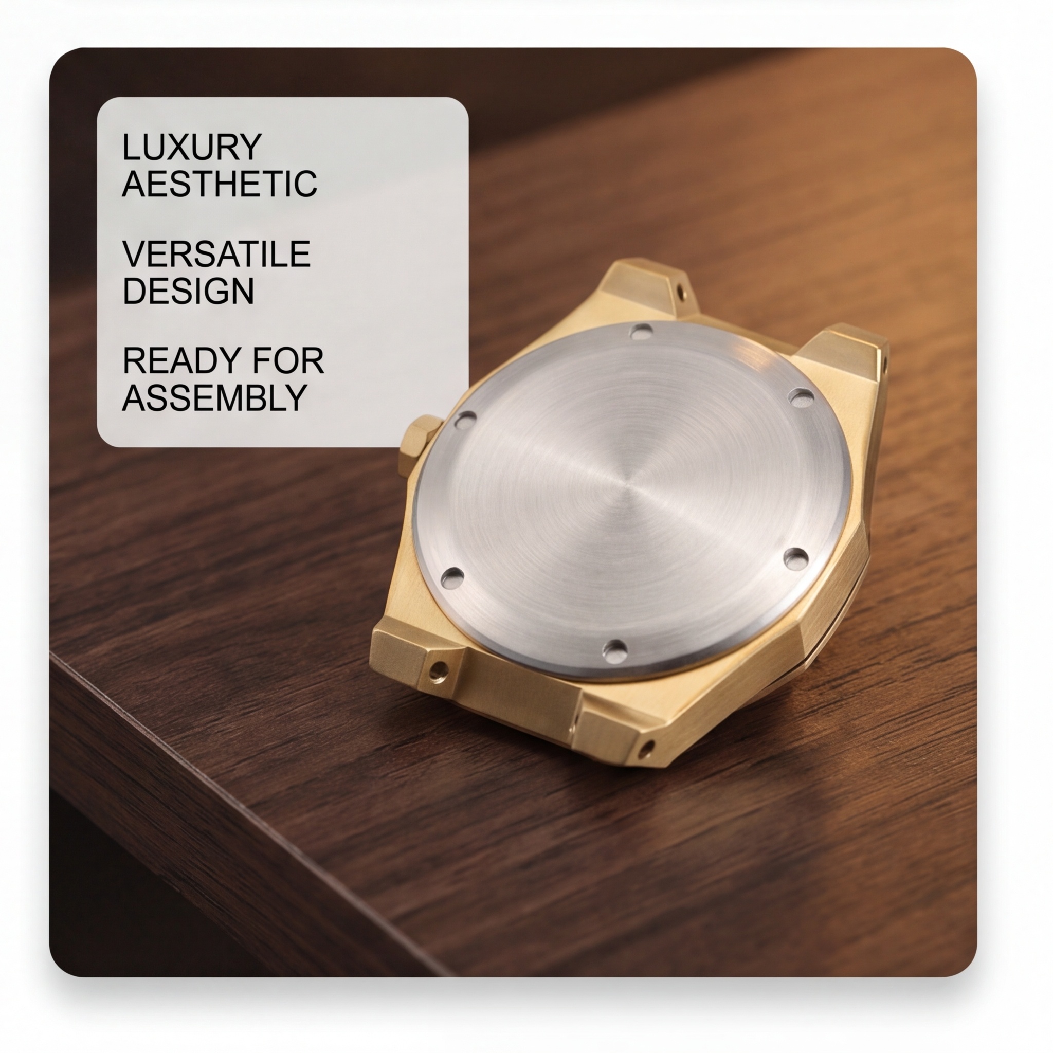 Luxury Brushed Gold Watch case Octagonal Bezel with Star Screws Blue Accent Crown Watchmaker Parts
