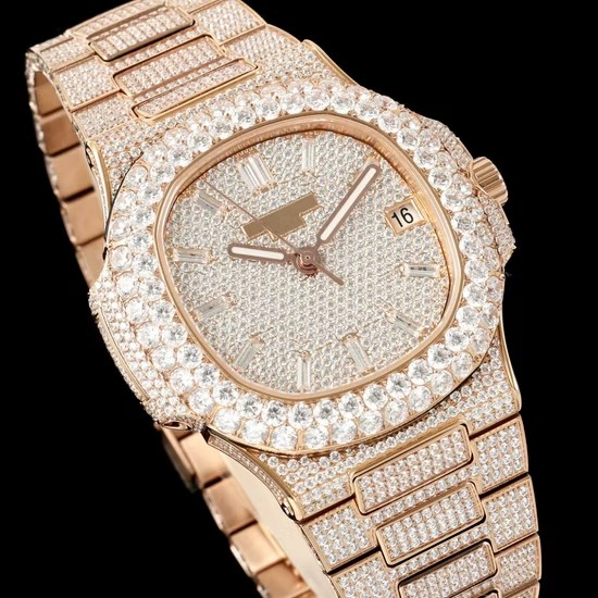 Luxury Rose Gold Full Diamond Nautilus, Paved Diamond Dial, Baguette Diamond Markers, High-End Business Mechanical Watch