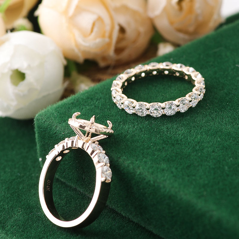 Trendy Design Fine Jewelry Ring Set Round Cut Moissanite Wedding Ring 14K Yellow Gold Engagement Ring Can Be Inlaid with Stones