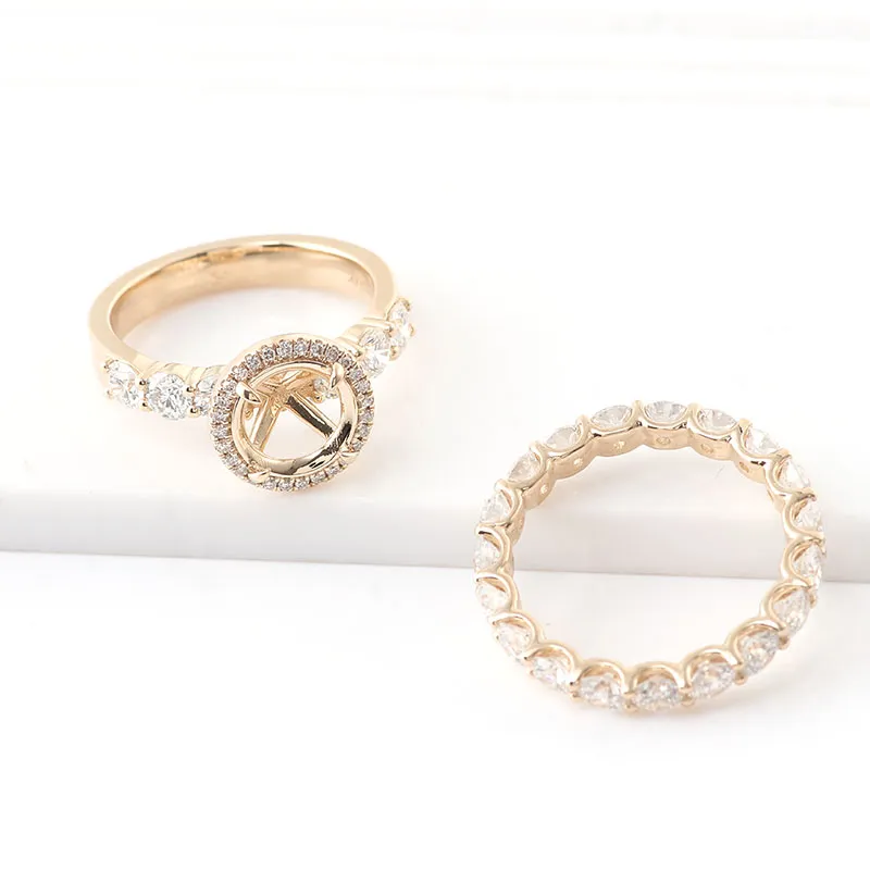 Trendy Design Fine Jewelry Ring Set Round Cut Moissanite Wedding Ring 14K Yellow Gold Engagement Ring Can Be Inlaid with Stones