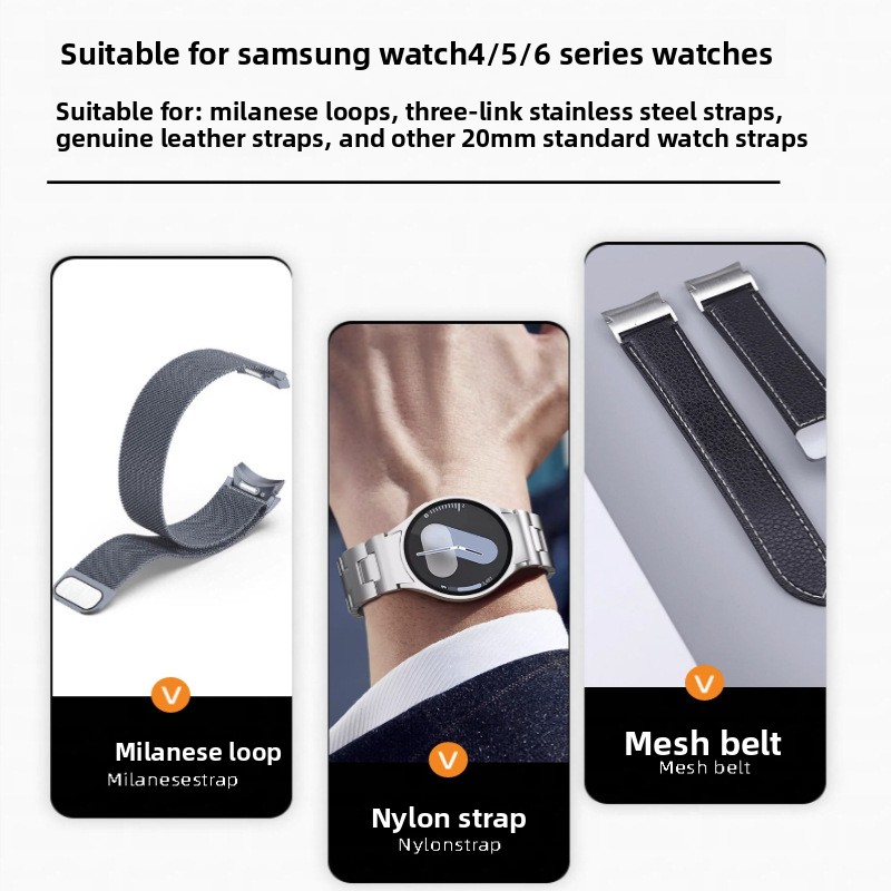 Compatible with Samsung Watch 4/5/6 Straps; Stainless Steel Push-button Connector Quick-release Metal Lugs Sporty Style 20mm