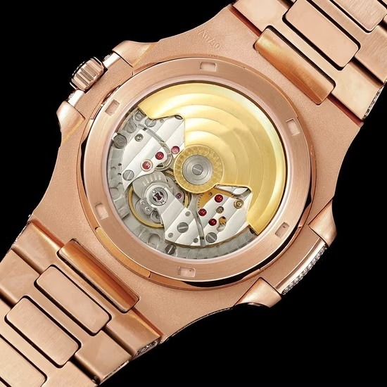 Luxury Rose Gold Full Diamond Nautilus, Paved Diamond Dial, Baguette Diamond Markers, High-End Business Mechanical Watch