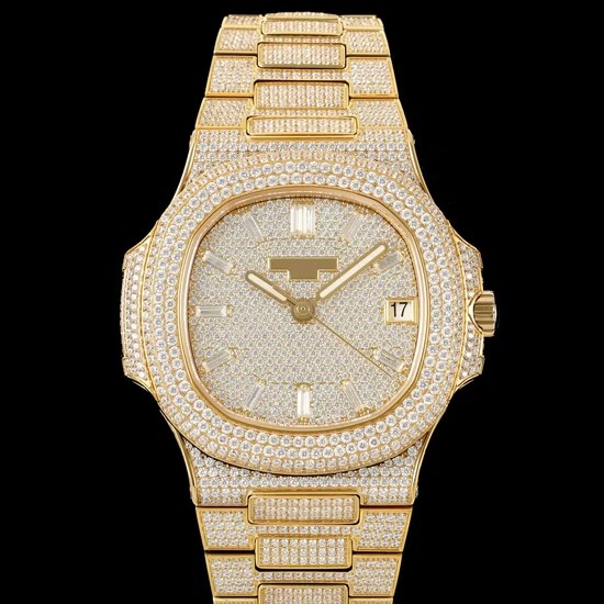 Luxury Rose Gold Full Diamond Nautilus, Paved Diamond Dial, Baguette Diamond Markers, High-End Business Mechanical Watch