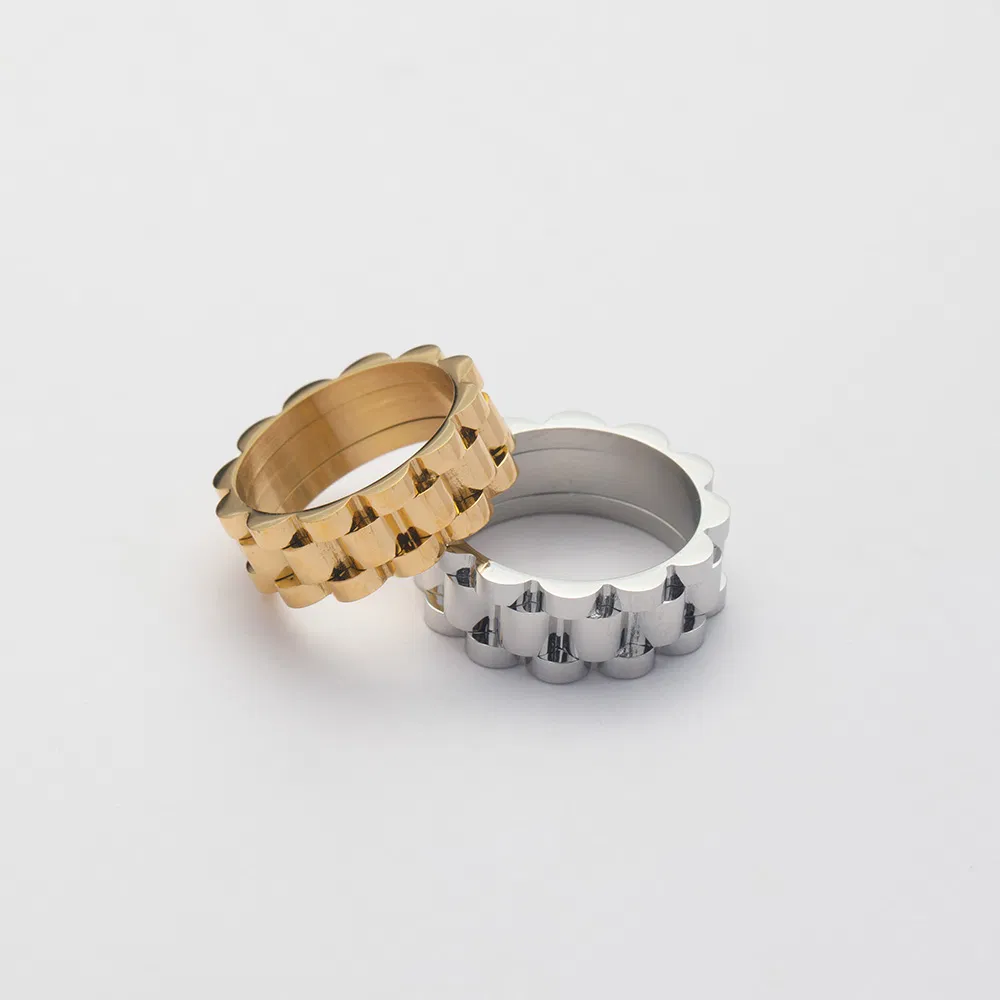 Waterproof Dainty Stacking Jewelry Cuban Chain Link Ring 18K Gold Plated Stainless Steel Bold Dome Wide Watch Band Rings