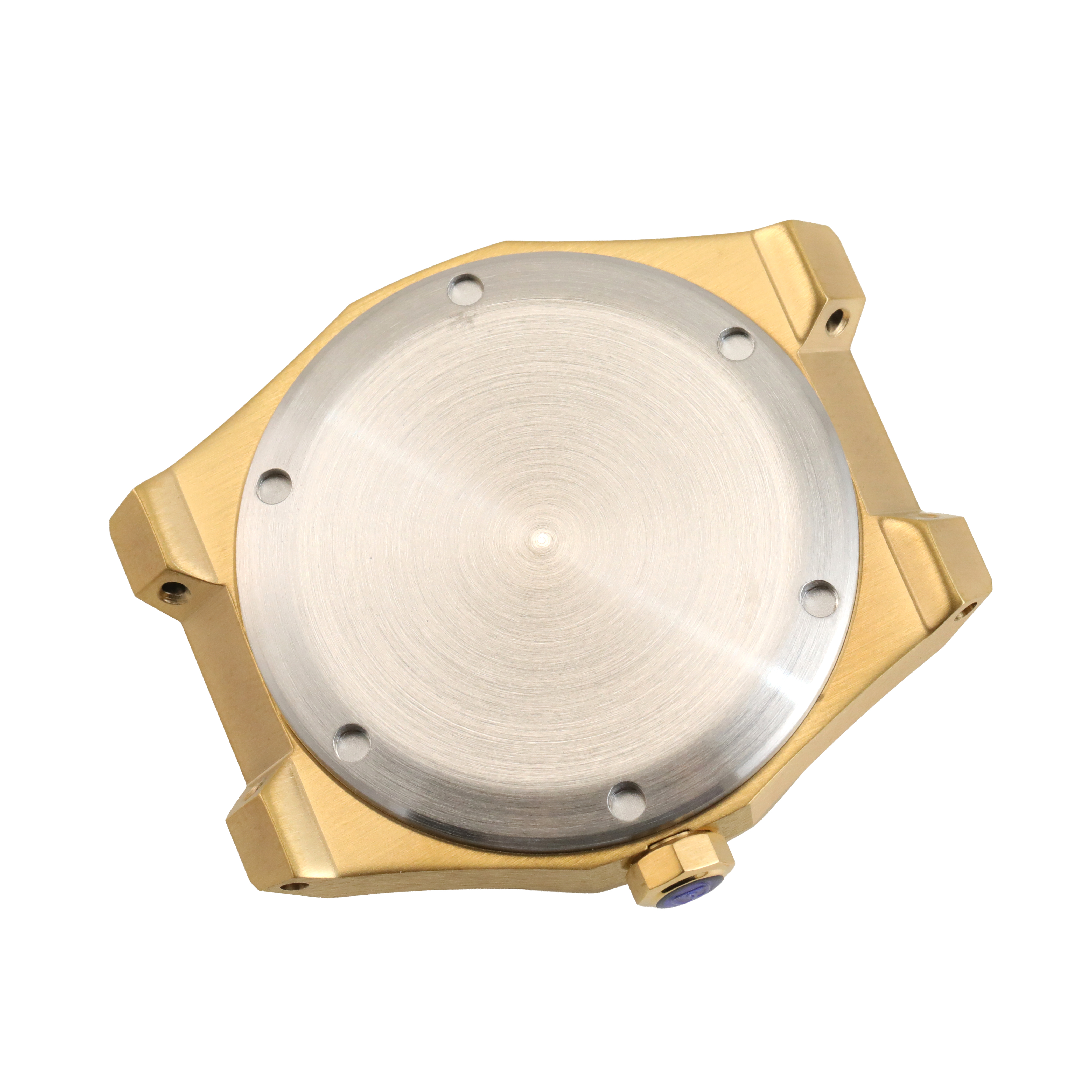 Luxury Brushed Gold Watch case Octagonal Bezel with Star Screws Blue Accent Crown Watchmaker Parts