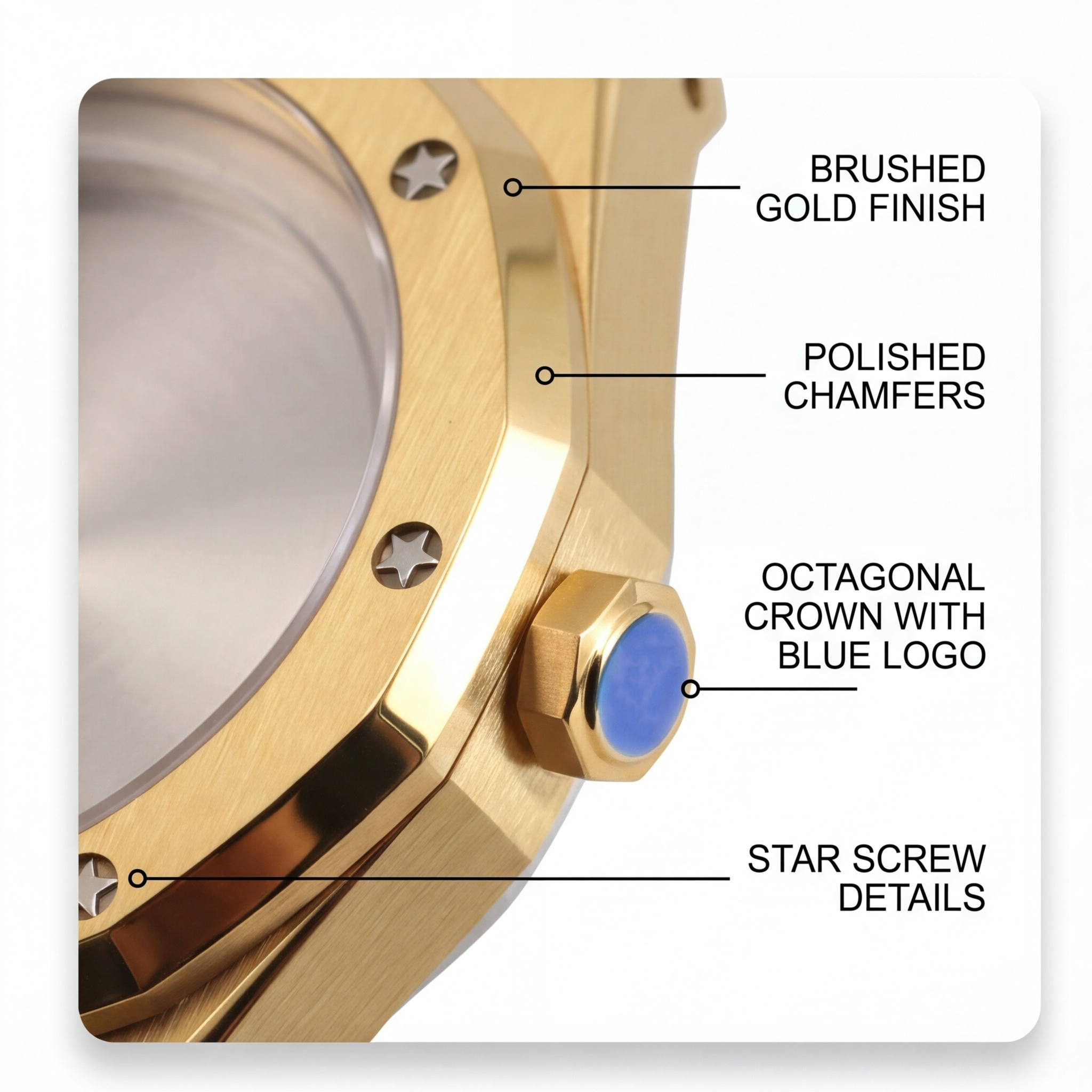 Luxury Brushed Gold Watch case Octagonal Bezel with Star Screws Blue Accent Crown Watchmaker Parts