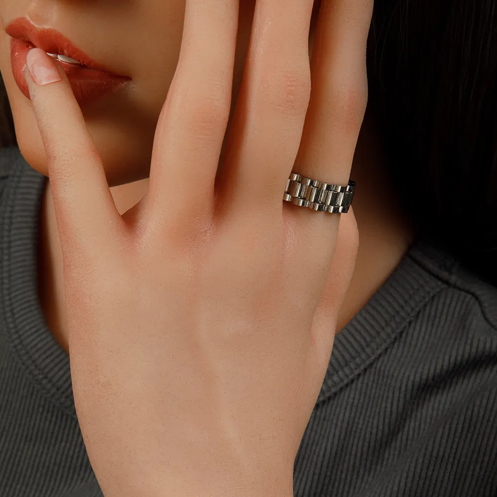 Waterproof Dainty Stacking Jewelry Cuban Chain Link Ring 18K Gold Plated Stainless Steel Bold Dome Wide Watch Band Rings