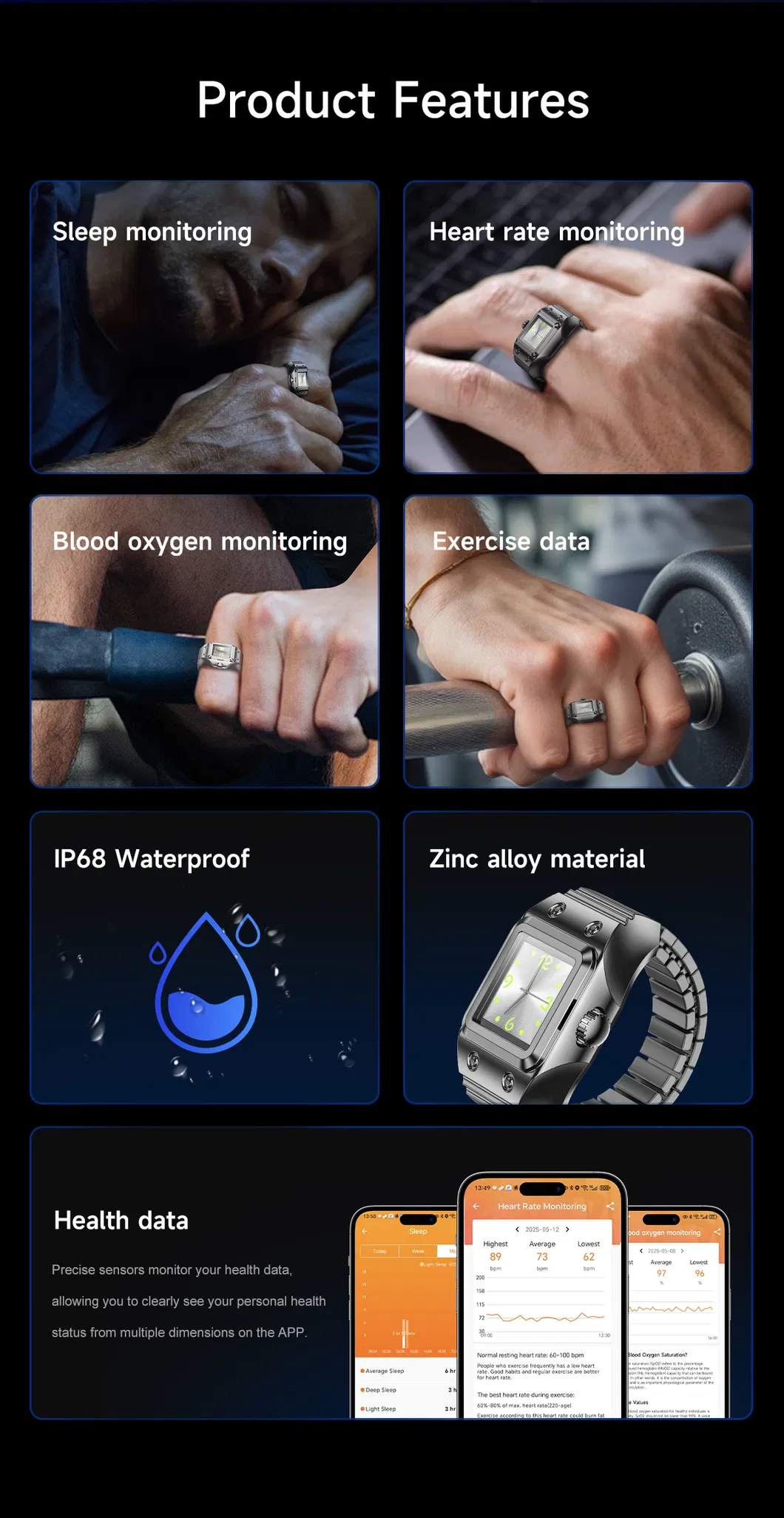 Luxury Men Quartz Watch Wr01 Finger Watch with Sleep Monitoring Health Smart Ring