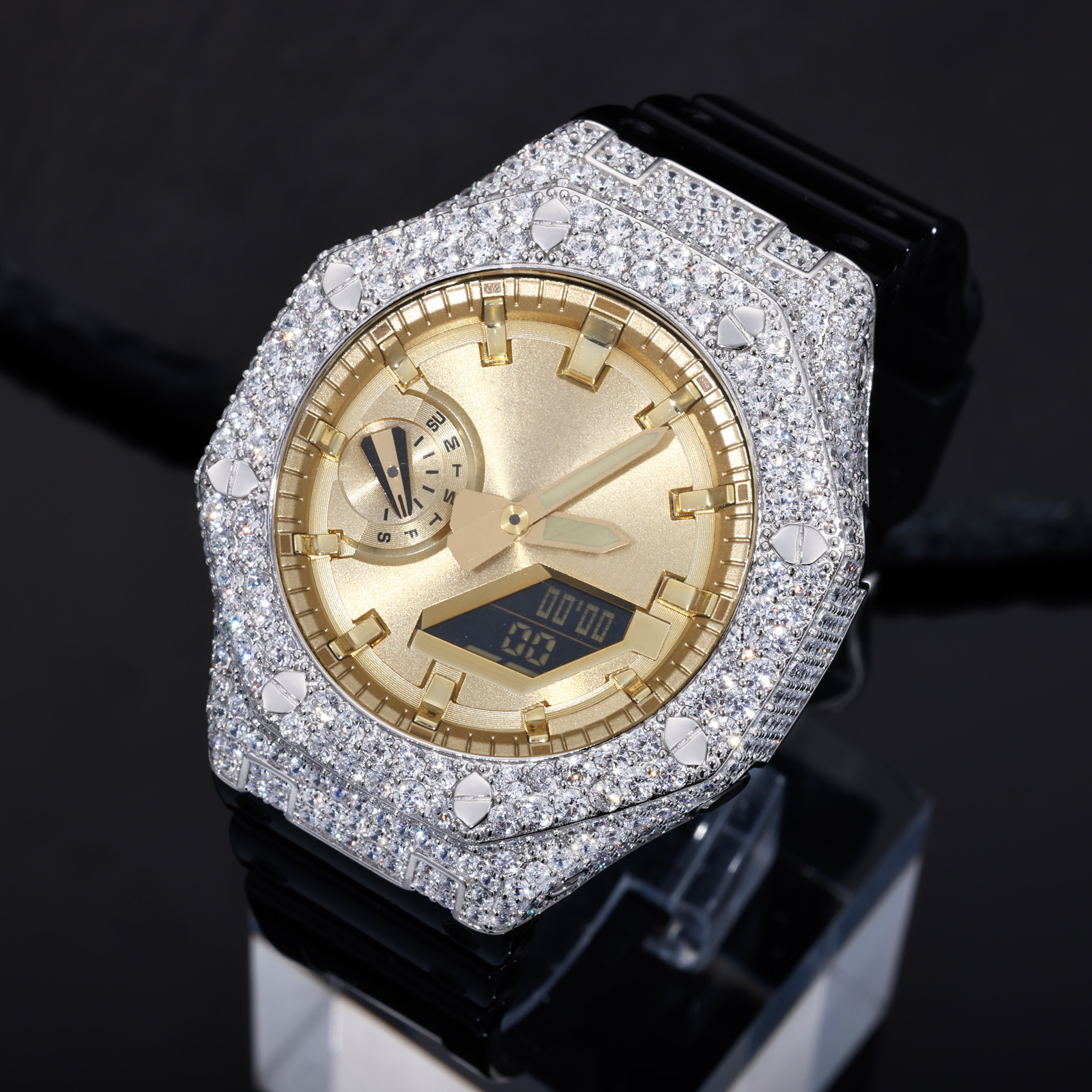 GA2100 Watch Parts Buss Down Moissanite Screw Watch Case Gold Plated VVS Diamond Iced Out Watch Bezel Wholesale for Men Women