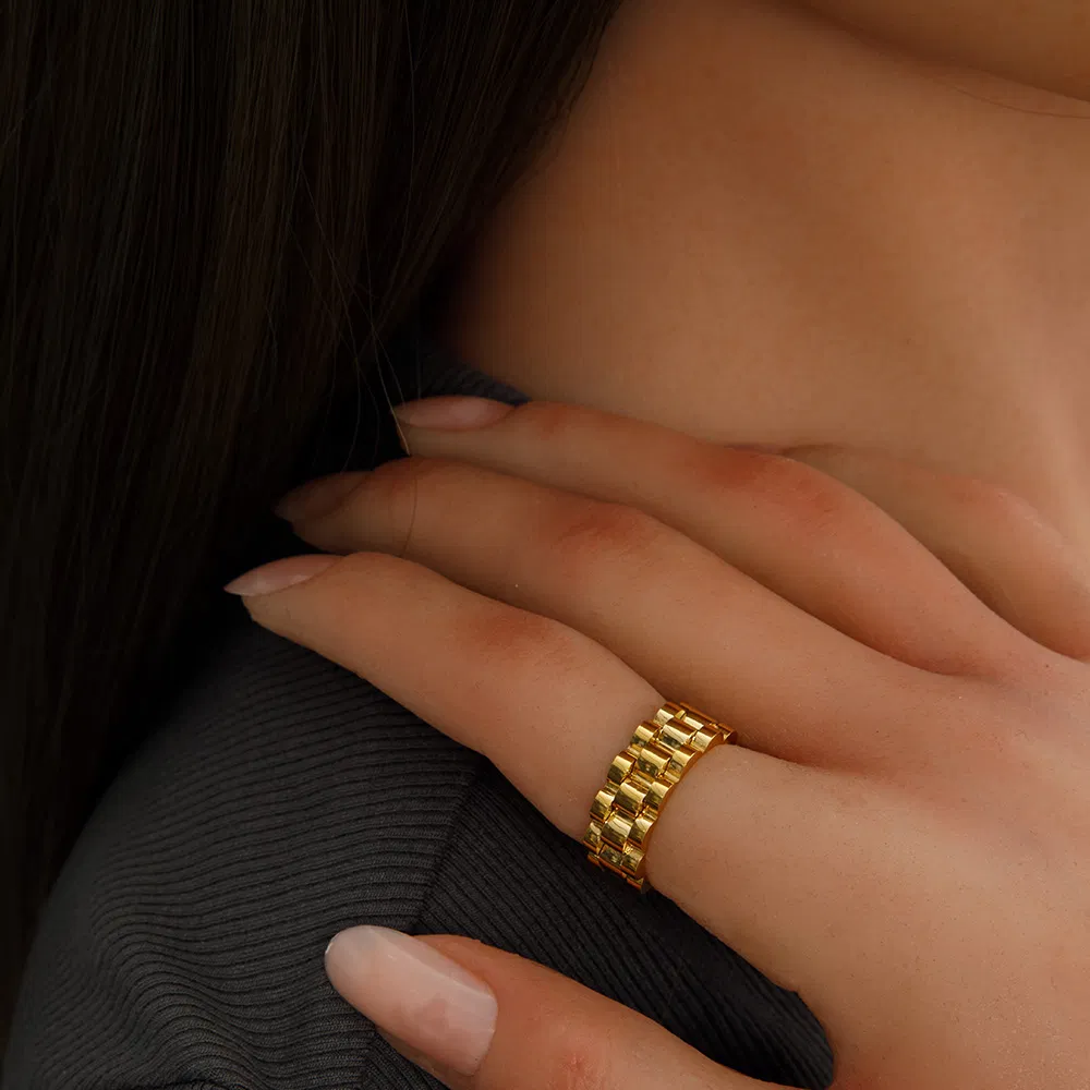 Waterproof Dainty Stacking Jewelry Cuban Chain Link Ring 18K Gold Plated Stainless Steel Bold Dome Wide Watch Band Rings
