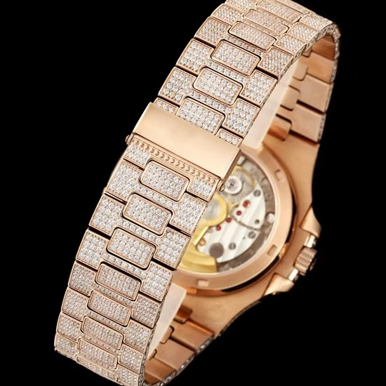 Luxury Rose Gold Full Diamond Nautilus, Paved Diamond Dial, Baguette Diamond Markers, High-End Business Mechanical Watch