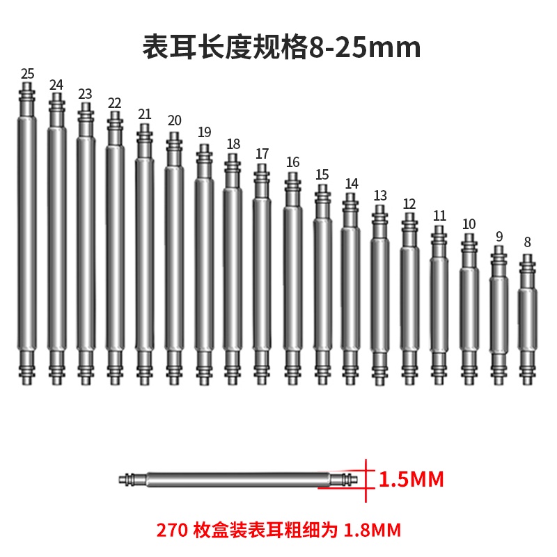 1.5mm 1.8mm Diameter 8-25mm Double Shoulder No Flange Stainless Steel Watch Spring Bar Pin for Watch Band Link 304L