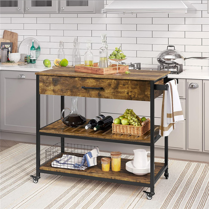 Wooden Kitchen Island Unit with Deep Storage Drawers and Side Open Shelves