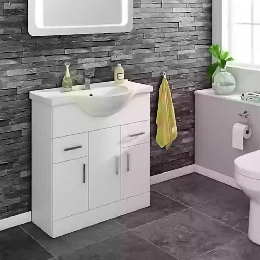 Yj Modern High Quality Floor Standing 2doors and 3drawers Vanity Unit with Round Basin 1050mm Wide - White Bathroom Vanities