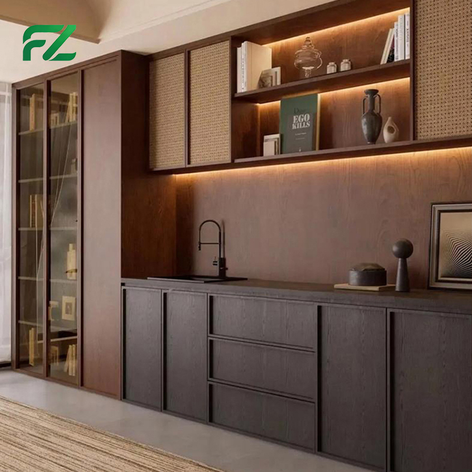 Black Transparent Glass Industrial Glossy Prefab Pull out Aluminium Kitchen Cabinet Units