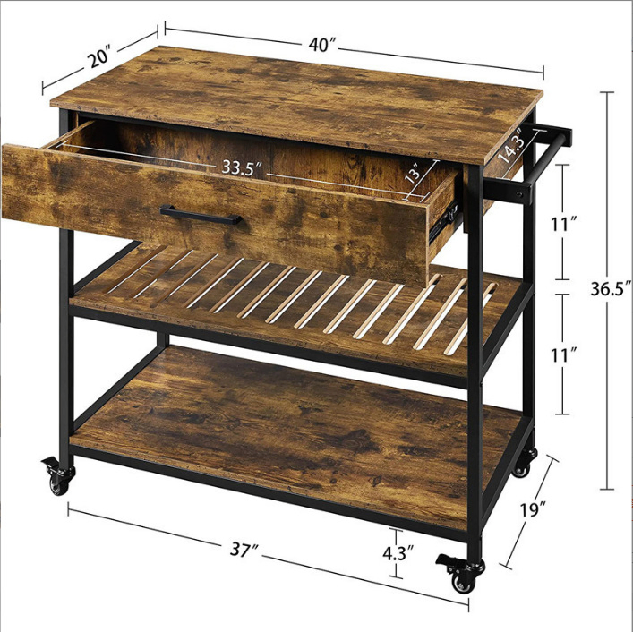 Wooden Kitchen Island Unit with Deep Storage Drawers and Side Open Shelves