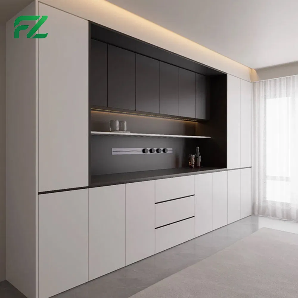 Black Transparent Glass Industrial Glossy Prefab Pull out Aluminium Kitchen Cabinet Units