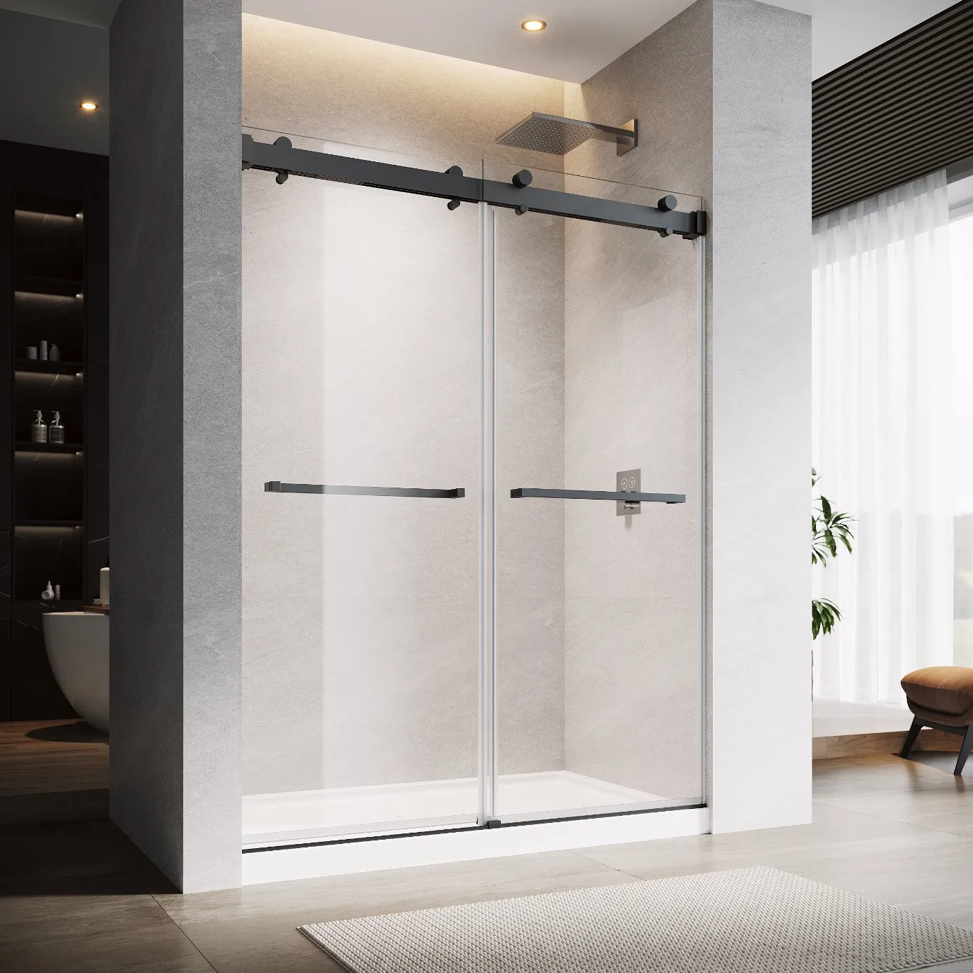 Matt Black Stainless Steel Hardware 10mm Tempered Glass Double Sliding Door Frameless Shower Enclosure