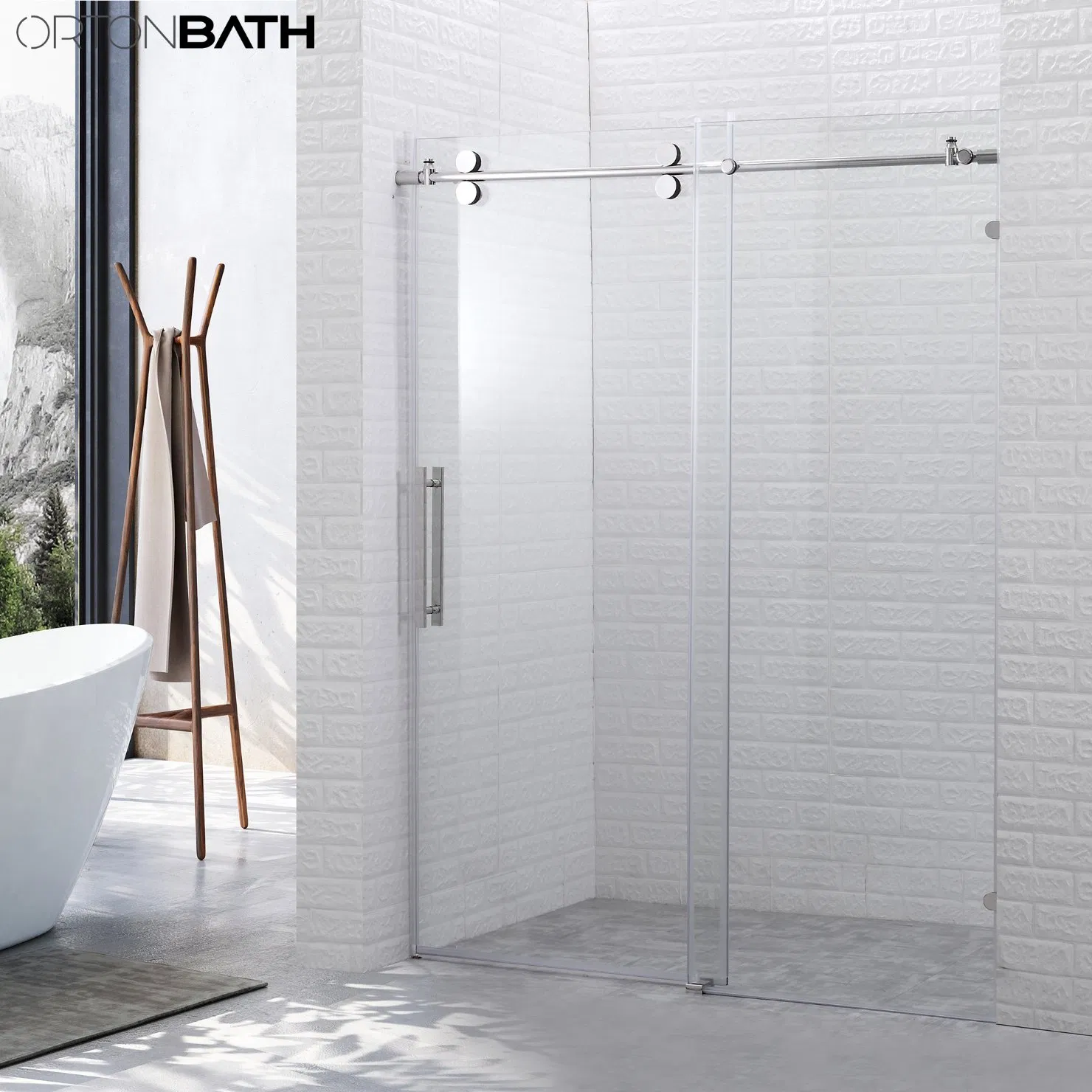 Ortonbath Frameless Matte Black Single One Side Two Sliding Door Simple Bathroom Tempered Shower Door Screen Room Cubicle Cabin Glass Shower Enclosure