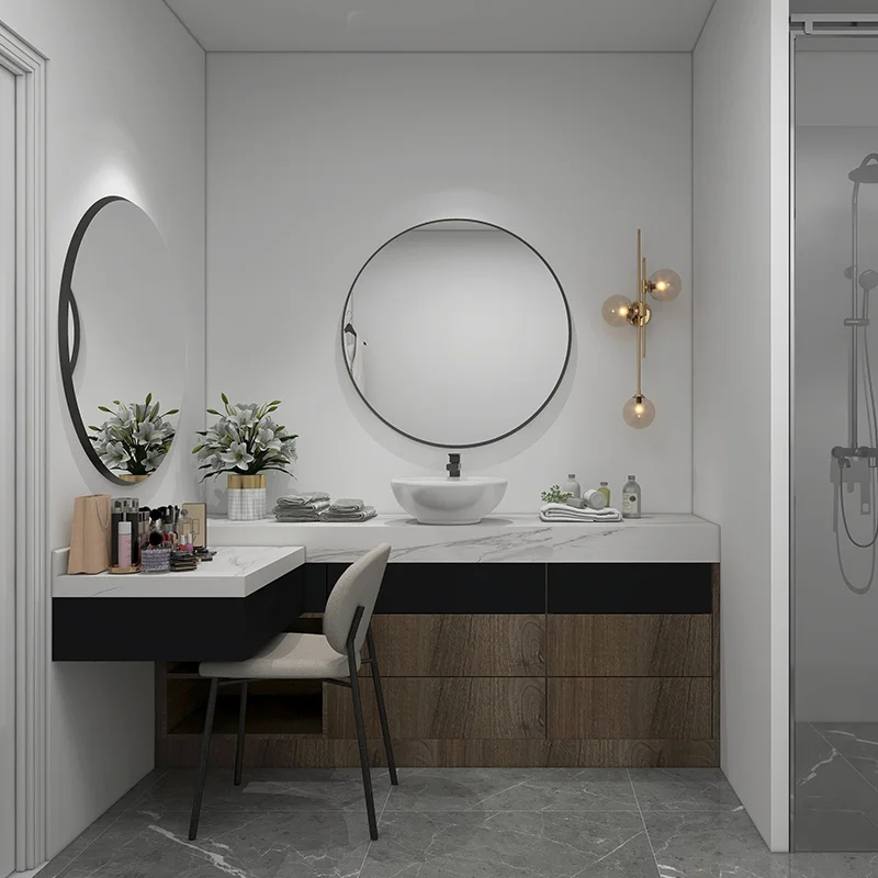 Elegant Modern Bathroom Vanity Unit with Sintered Stone Top and Matching Mirror