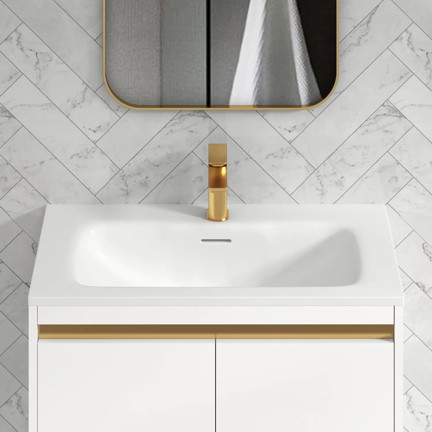 White Bathrooms Cabinet 800mm Floor Standing Brushed Brass Strip Vanity Unit