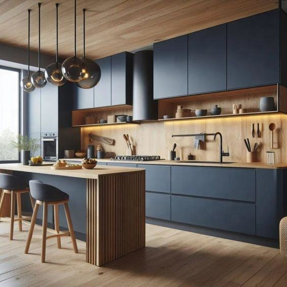 CBMmart Free 3D Navy Blue Lacquer Flat Design Kitchen Cabinets Unit with Island Sink Countertops