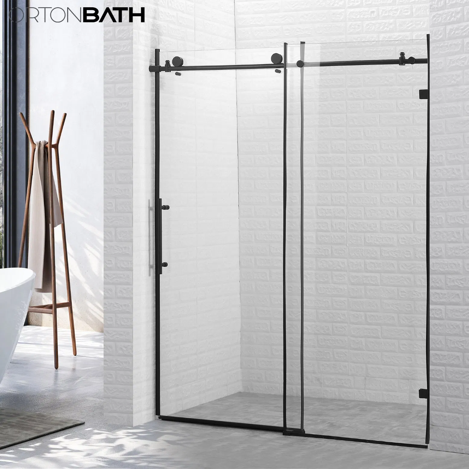 Ortonbath Frameless Matte Black Single One Side Two Sliding Door Simple Bathroom Tempered Shower Door Screen Room Cubicle Cabin Glass Shower Enclosure