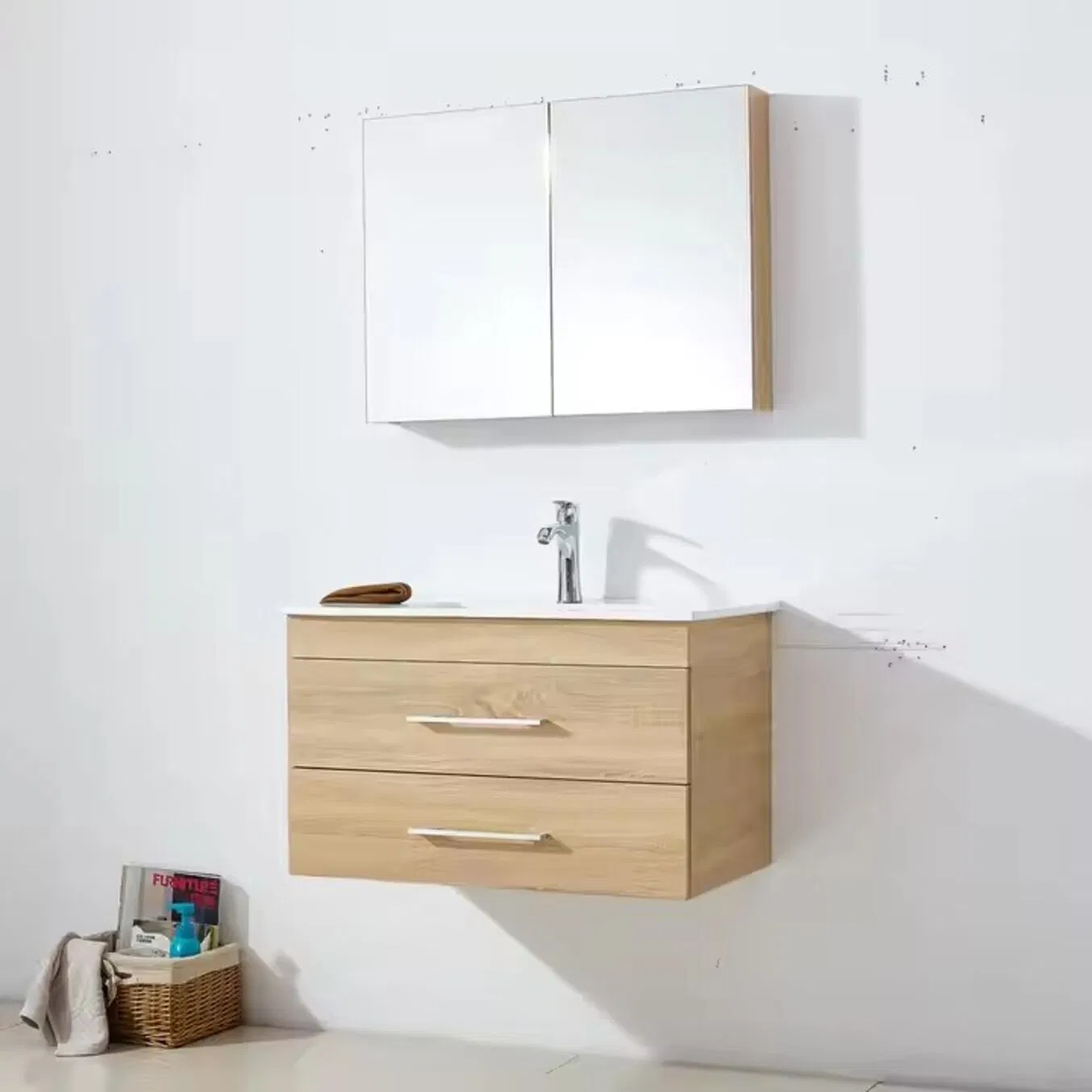 Chinese Small Free Standing White MDF Wooden 60cm Bathroom Vanity Cabinet Furniture Unit with Mirror and Sink