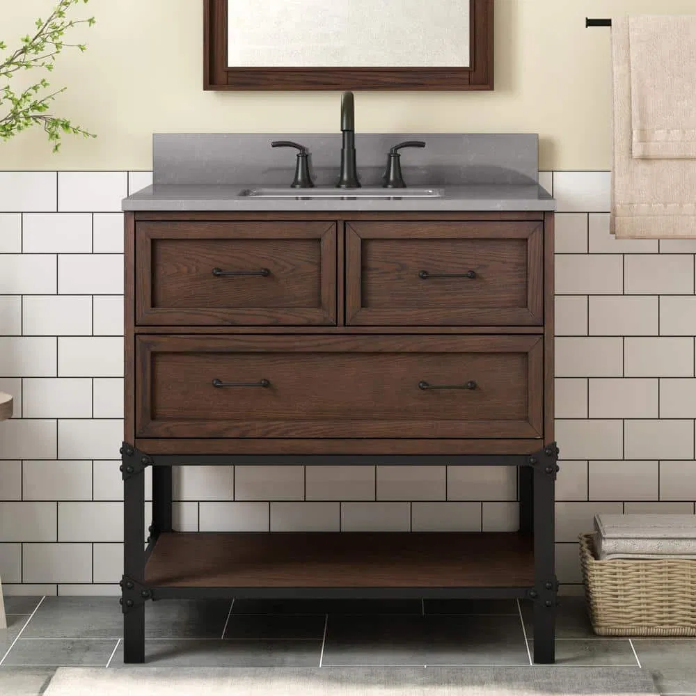 Modern Freestanding Bathroom Vanity Unit with Gray Marble Top