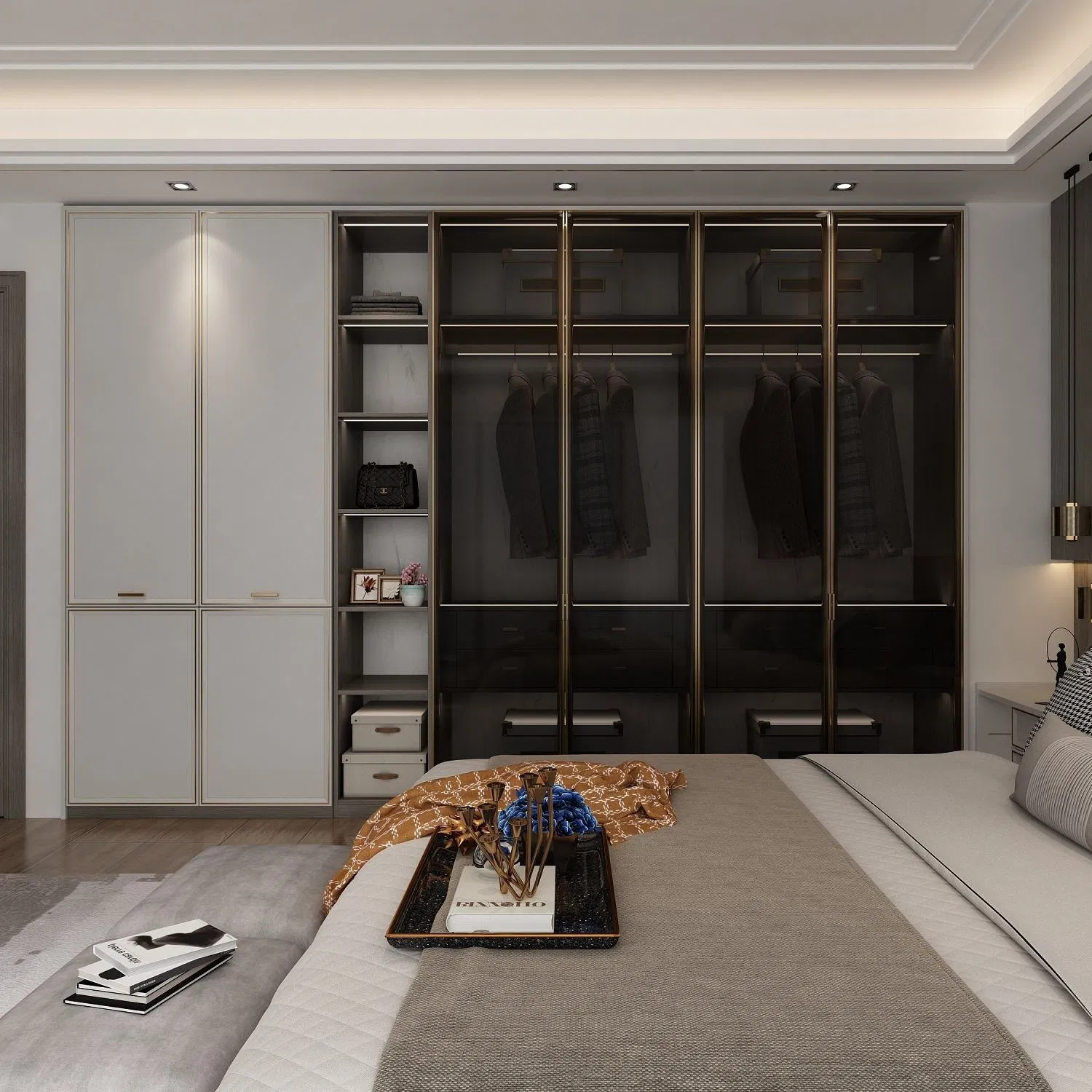 High-End Golden Black Melamine Wood Storage Bedroom Cherry Walk in Closet Armoire Custom Made Wardrobe with Drawers Solid Wood Modern