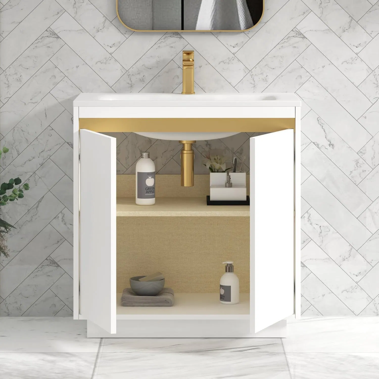 White Bathrooms Cabinet 800mm Floor Standing Brushed Brass Strip Vanity Unit