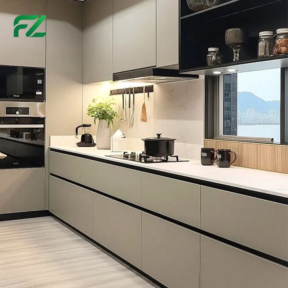 Black Transparent Glass Industrial Glossy Prefab Pull out Aluminium Kitchen Cabinet Units