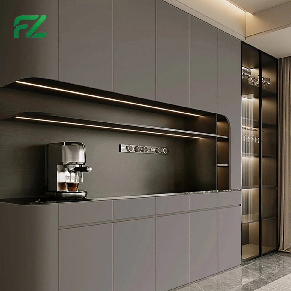 Black Transparent Glass Industrial Glossy Prefab Pull out Aluminium Kitchen Cabinet Units