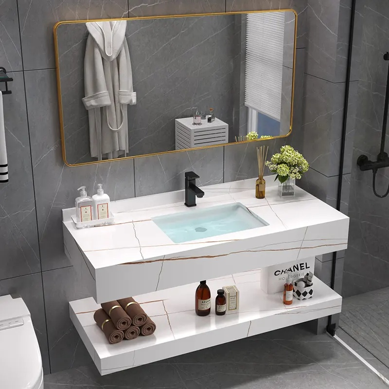 28 Inch Luxury Modern Bathroom Furniture Marble Sintered Stone Countertop Sink Free Standing Bath Vanity Unit with LED Mirror Chinese Factorie Offer Customizati