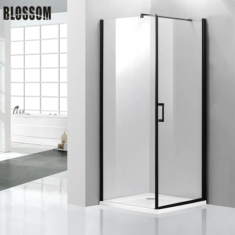 Corner Square Black Frameless Glass Shower Enclosure with Support Bar
