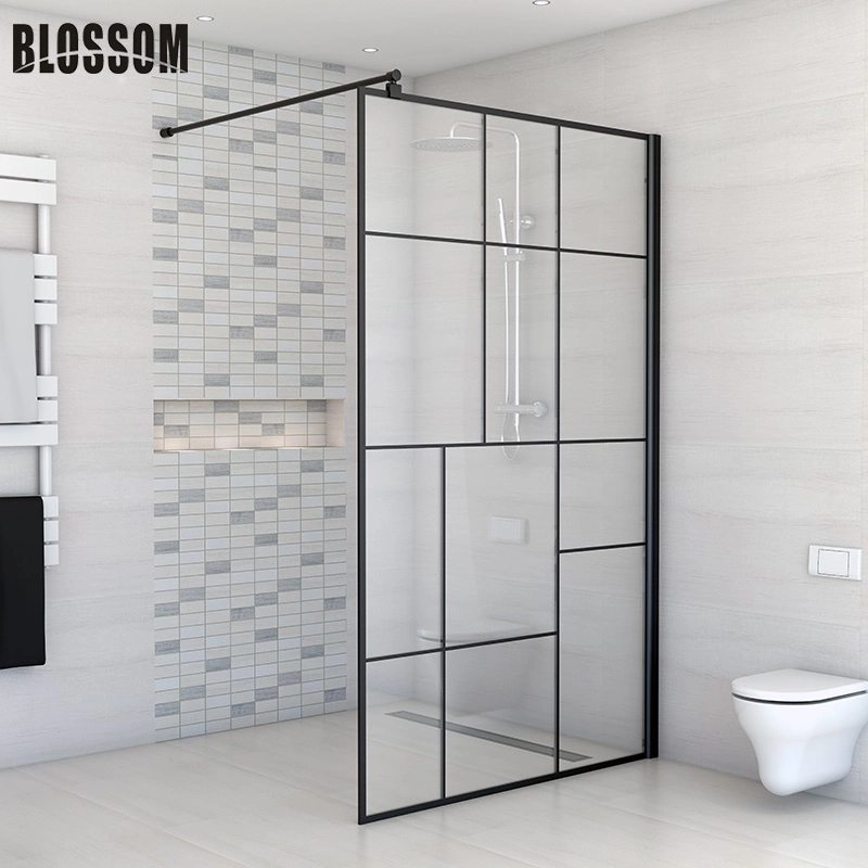 Corner Square Black Frameless Glass Shower Enclosure with Support Bar