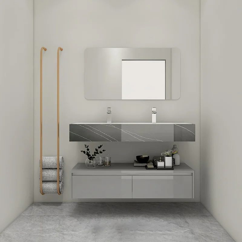 Elegant Modern Bathroom Vanity Unit with Sintered Stone Top and Matching Mirror