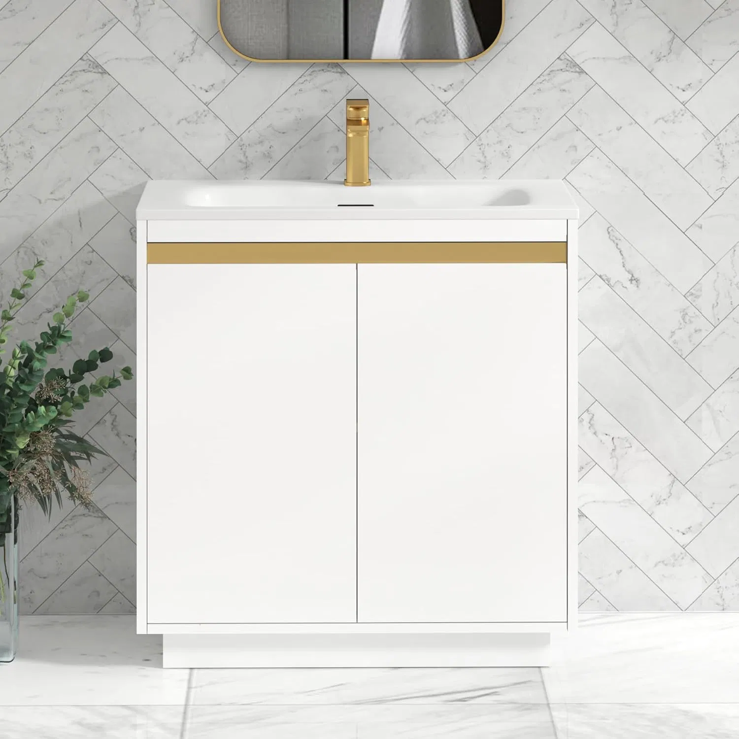 White Bathrooms Cabinet 800mm Floor Standing Brushed Brass Strip Vanity Unit
