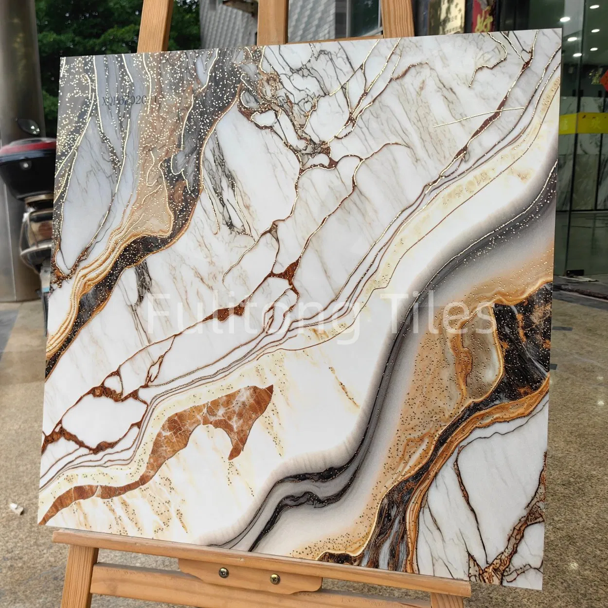 Vitrified Beige Ceramic Polished Porcelain Wall Floor Tile with Gold and Silver