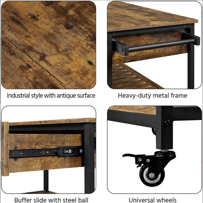 Wooden Kitchen Island Unit with Deep Storage Drawers and Side Open Shelves