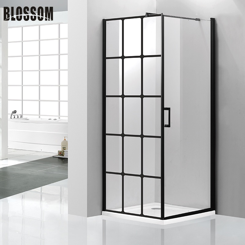 Corner Square Black Frameless Glass Shower Enclosure with Support Bar