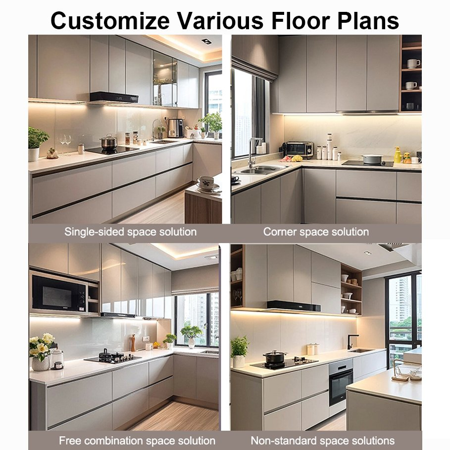 Black Transparent Glass Industrial Glossy Prefab Pull out Aluminium Kitchen Cabinet Units