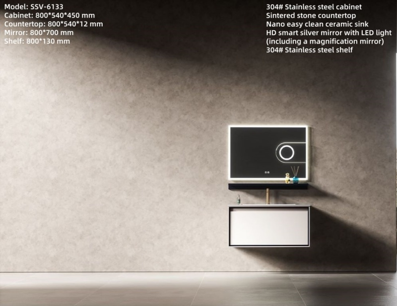 800mm Wall Hung Stainless Steel Bathroom Vanity Unit with LED Lighted Smart Mirror Ssv6133