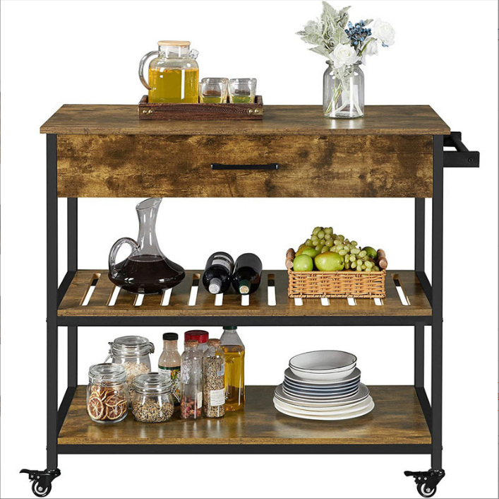 Wooden Kitchen Island Unit with Deep Storage Drawers and Side Open Shelves