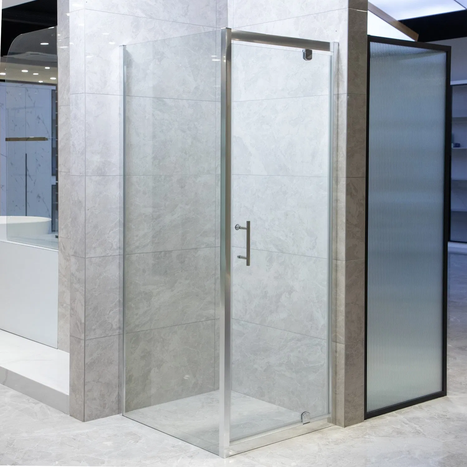 Frameless Glass Shower Enclosure Features Minimalist Design with Sturdy Hinges for Modern Bathroom Aesthetics