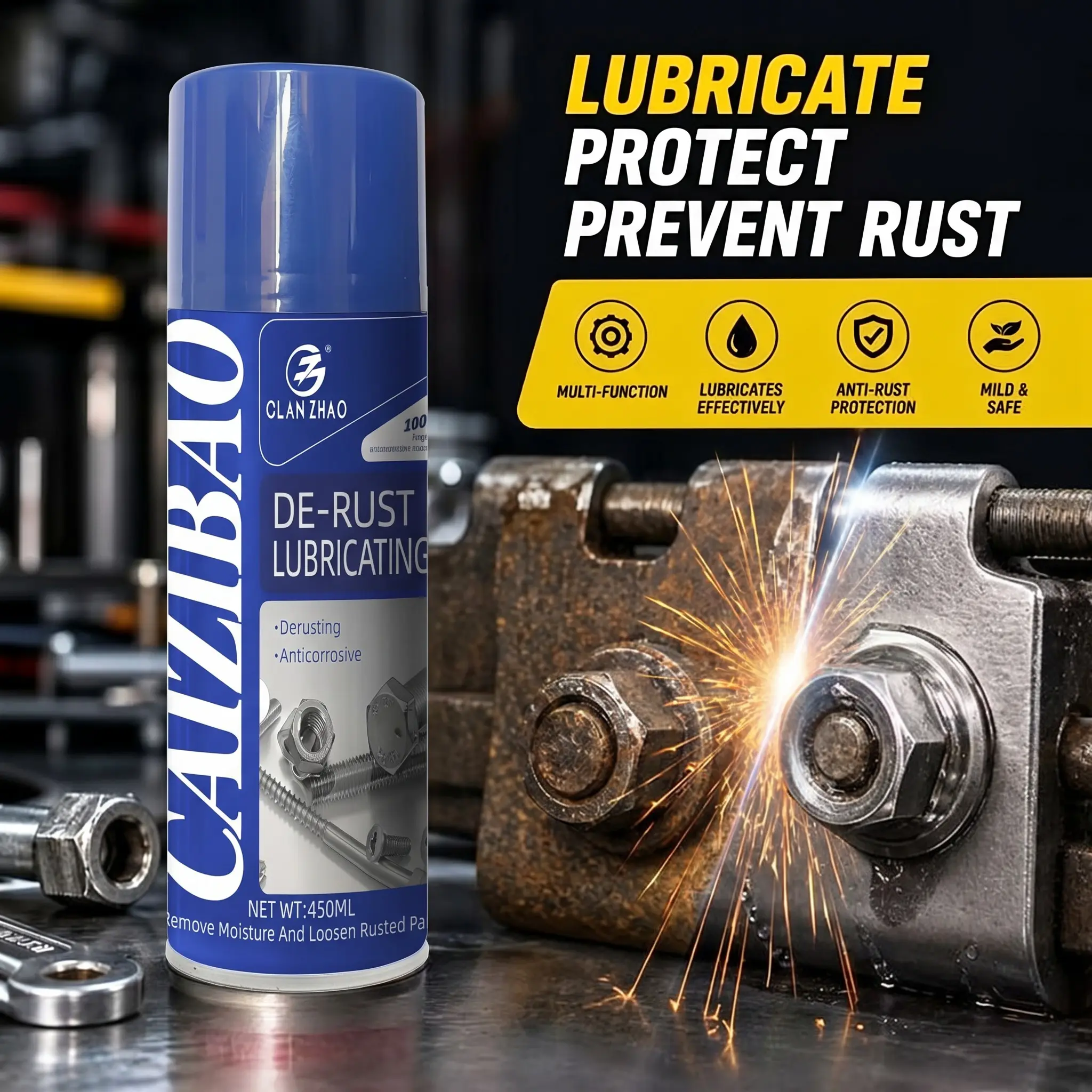 Multi-purpose derust spray that loosens rust and lubricates instantly