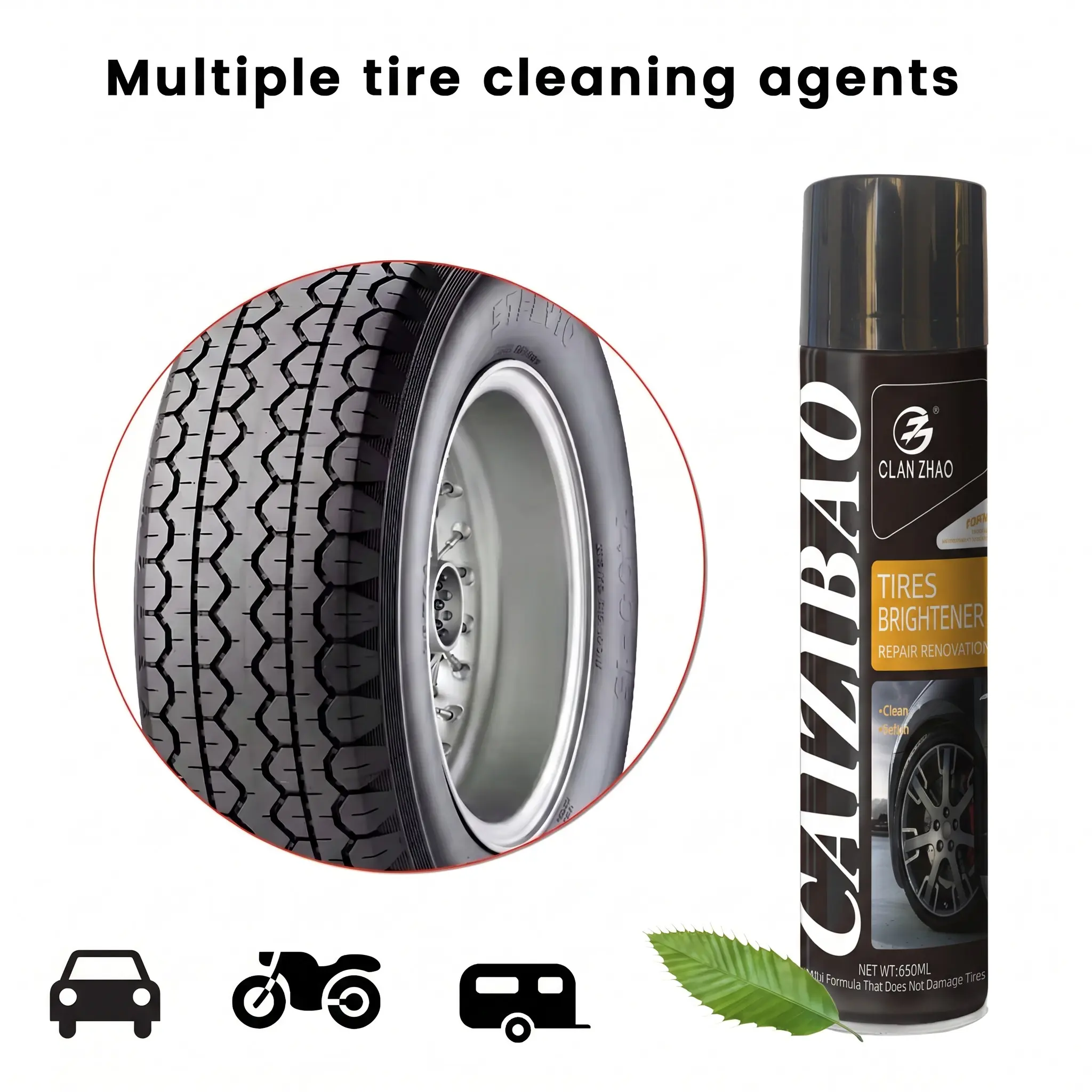 Tire brightener spray that restores deep black shine instantly