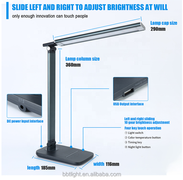 Modern DC Aluminum Eye-Caring Flexible Arm Adjustable LED Desk Lamp for Homework Office Reading Room