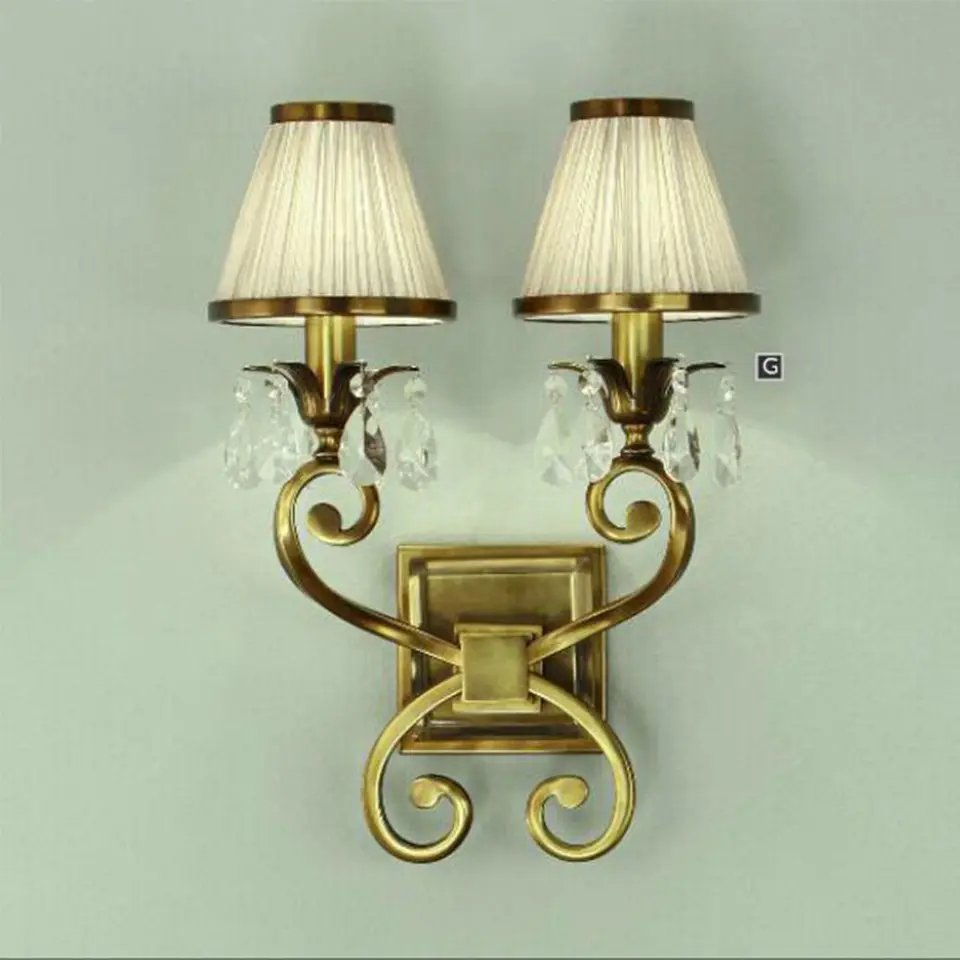 Antique Brass Bedside Wall Lamp LED Vanity Light with 2 Cloth Lampshade Bedroom Hotel Hallway Wall Light