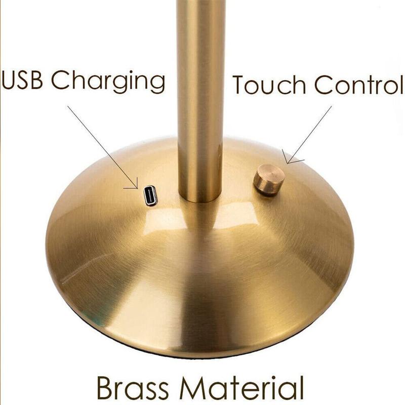 USB Charge 12'' Tall LED Brass Portable Table Lamp Built-in Dimmer Oval Rechargeable Bedside Nightlight for Indoor Outdoor Use